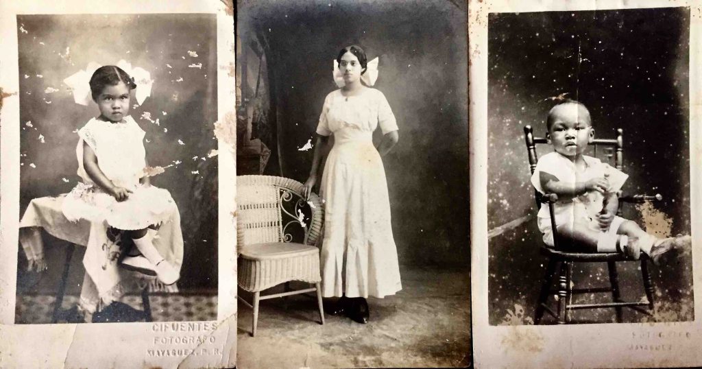 Three photo postcards from Mayaguez Puerto Rico from the early 1900s, two toddlers flank a young girl. 