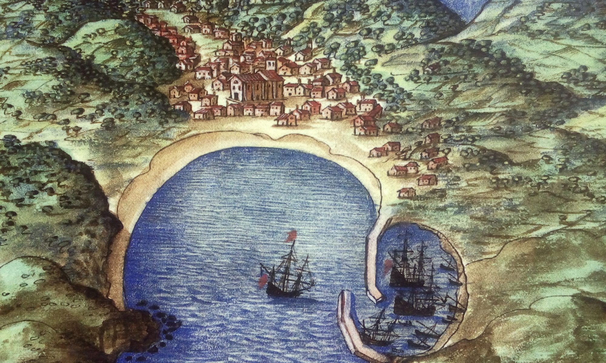 watercolor map of Mutriku, 1634
