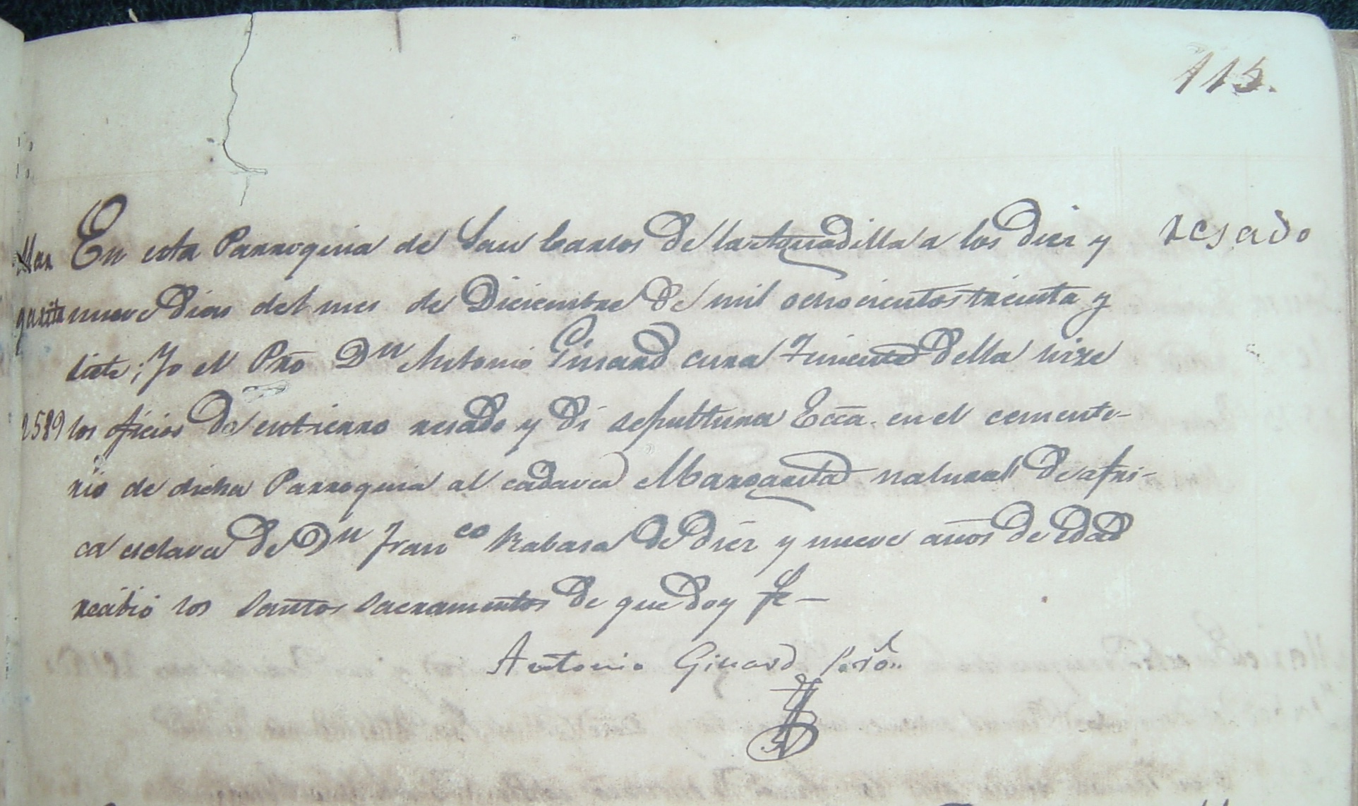 Margarita, death record Aguadilla, 1837