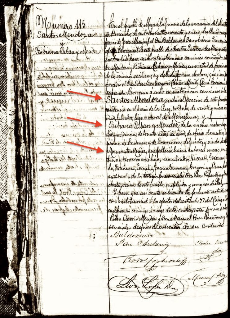 Marriage of Santos Mendoza & Bibiana Caban Mendez, Moca December 1895.